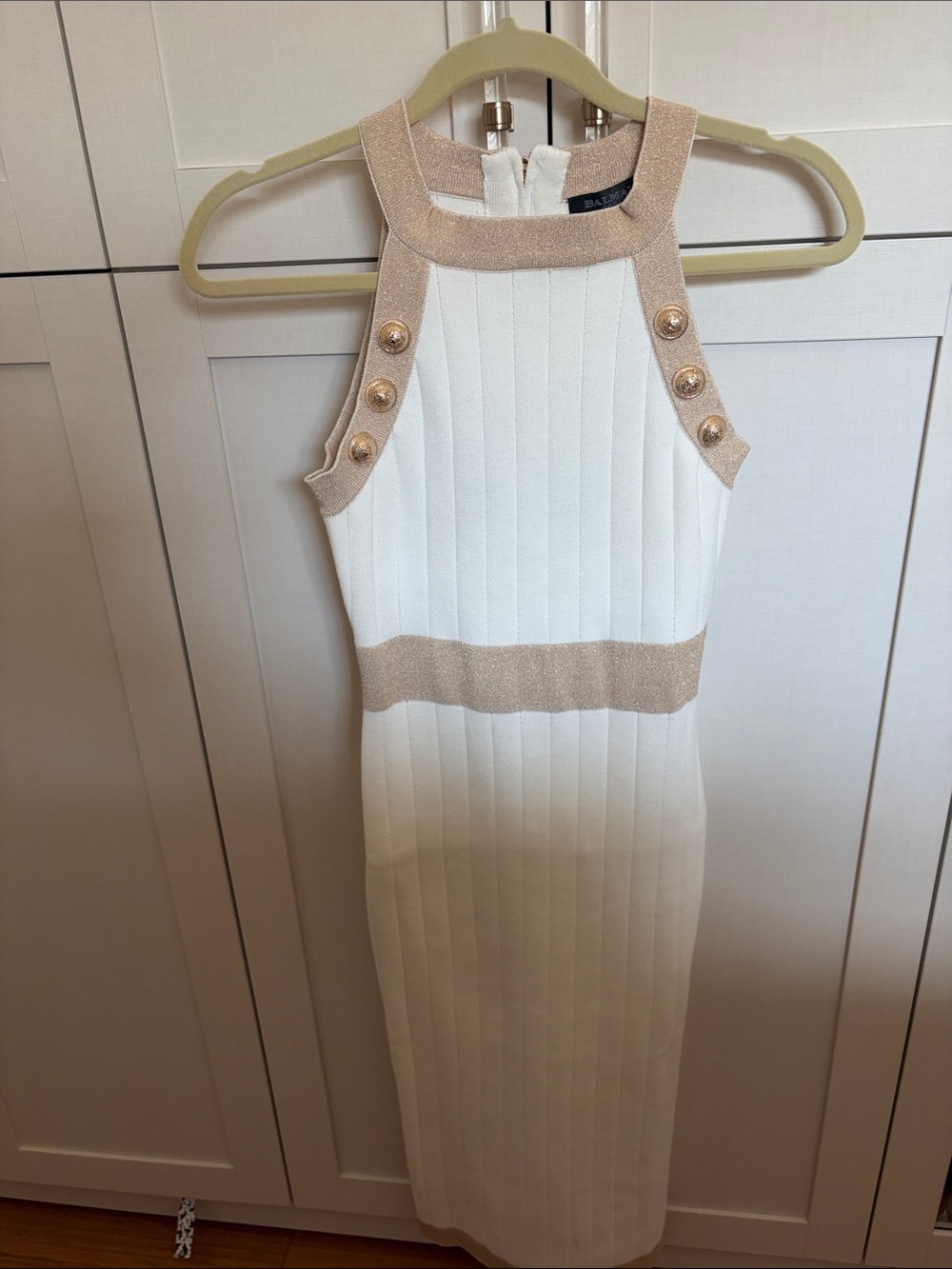 White Ribbed Midi Dress with Beige Trim and Gold Buttons
